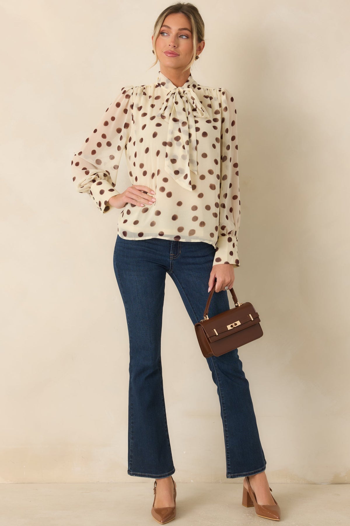 A Fine Point Ivory & Brown Polka Dot Tie Neck Blouse