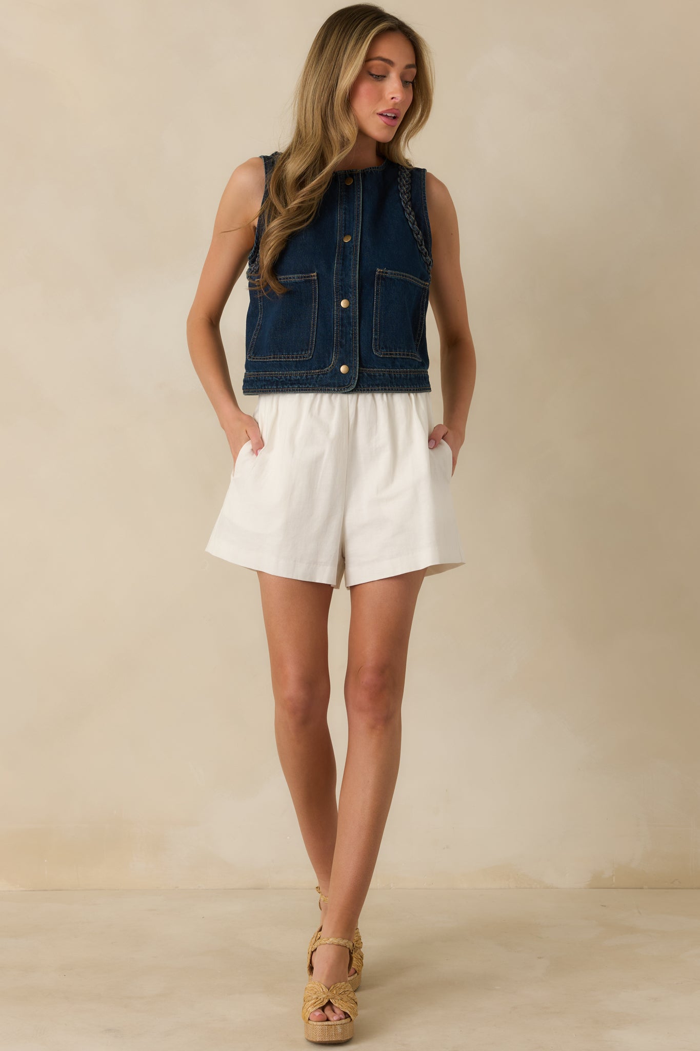 All For It Ivory Cotton Linen Relaxed Fit Shorts