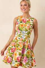 Blooming Bright Multi Floral Cotton Flared Sleeveless Mini Dress