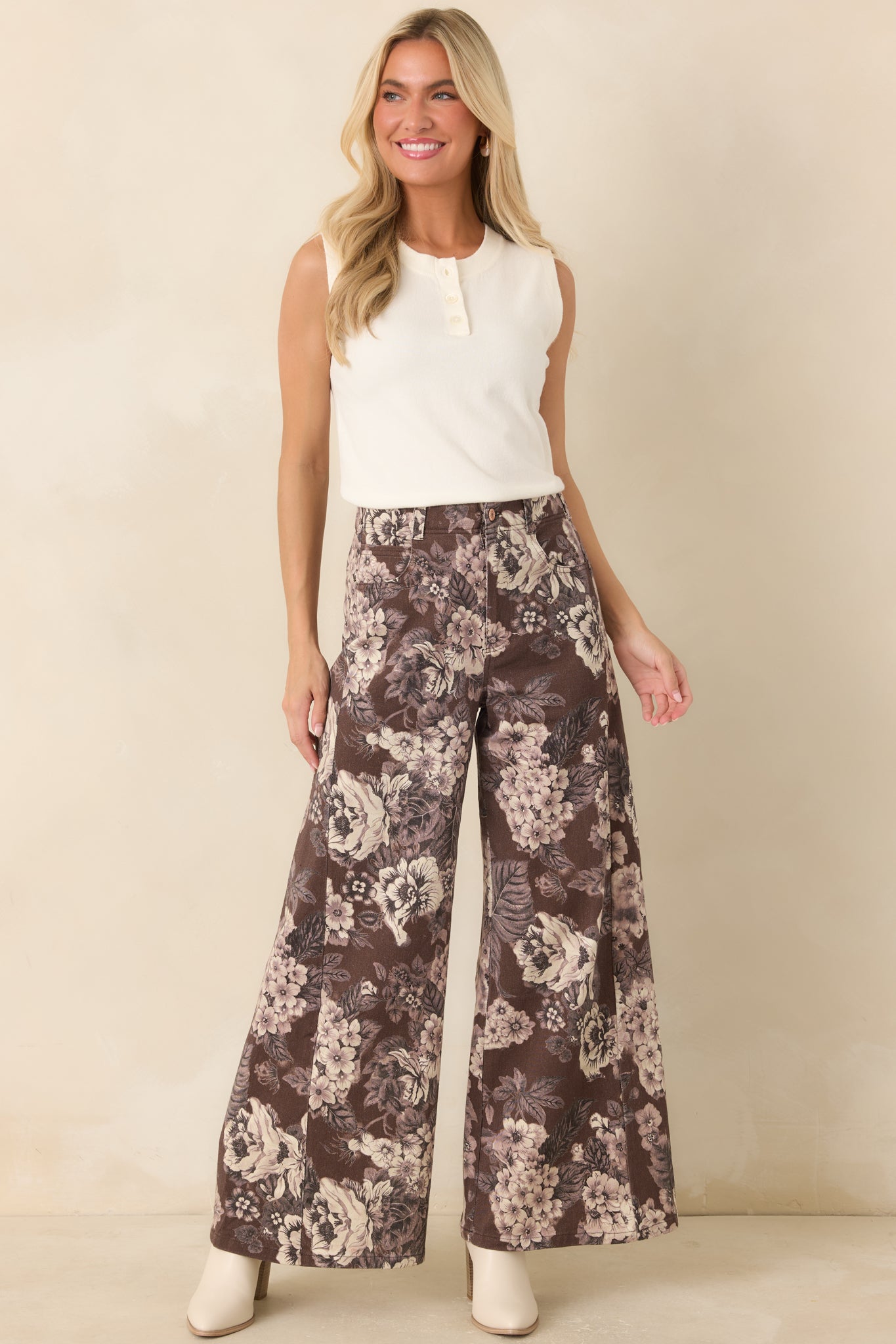 A Change of Scenery Brown & Ivory Floral Cotton Wide Leg Pants