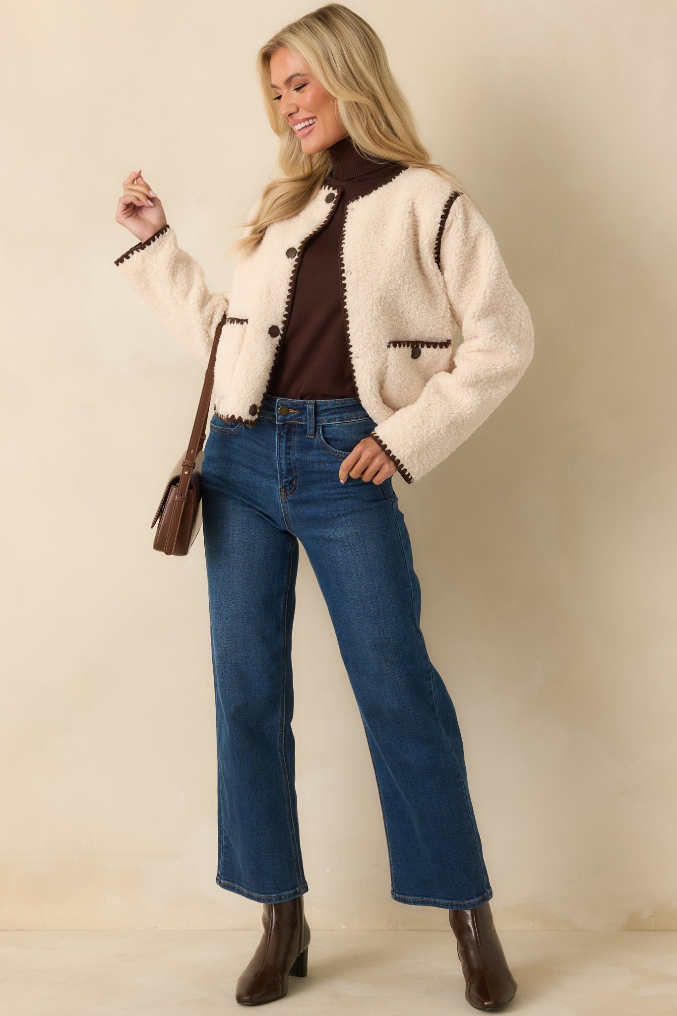 Bound to Be Cozy Ivory & Chocolate Brown Contrast Stitch Sherpa Jacket