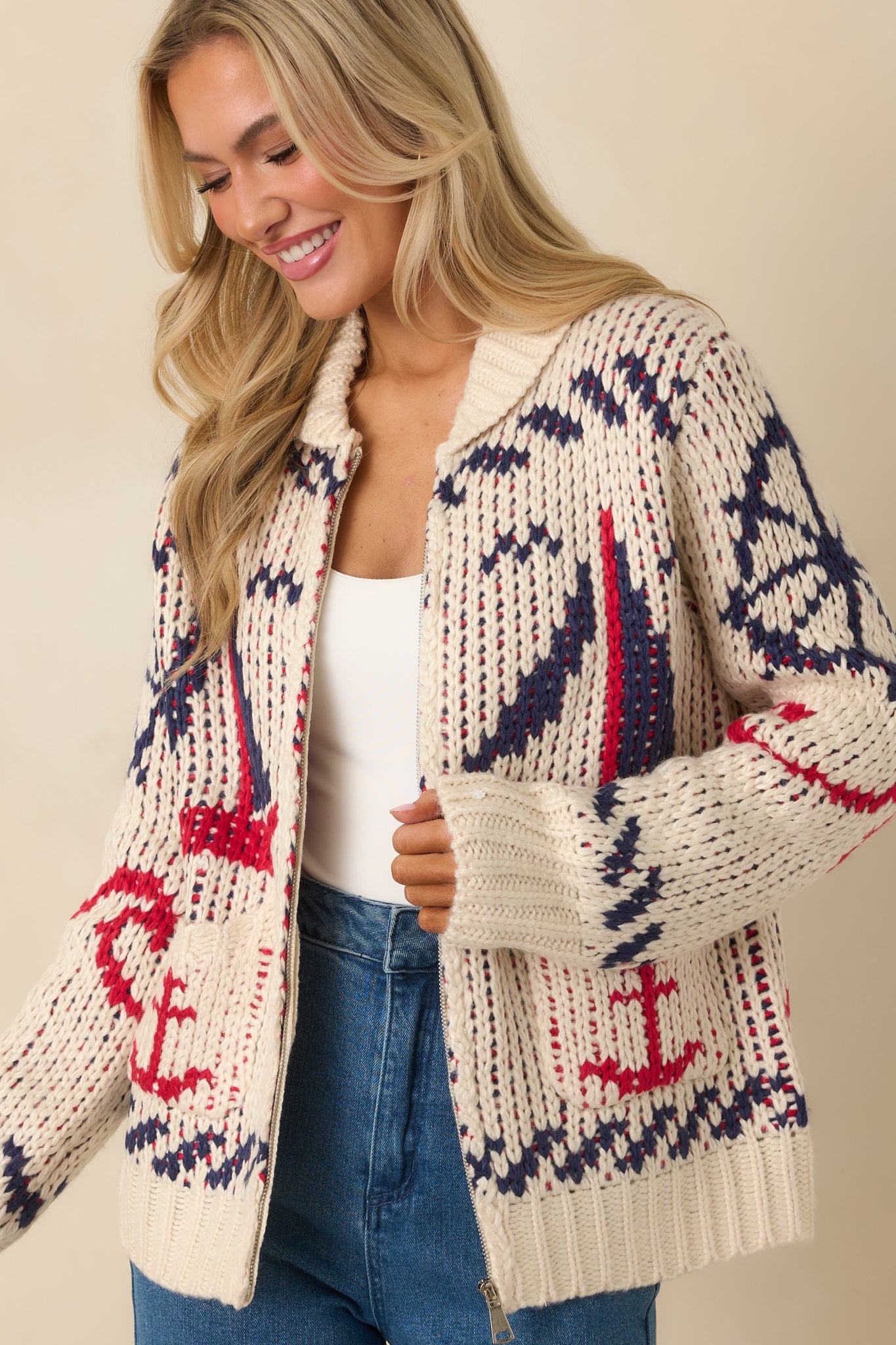 Between Tides Ivory Multi Knit Nautical Zip Up Collared Sweater Jacket