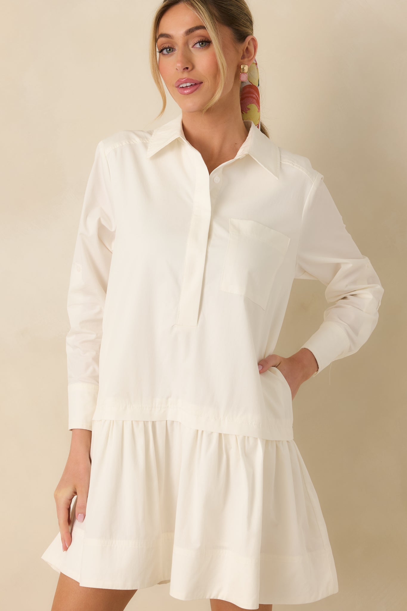 Always a Classic Ivory Cotton Blend Long Sleeve Mini Shirt Dress