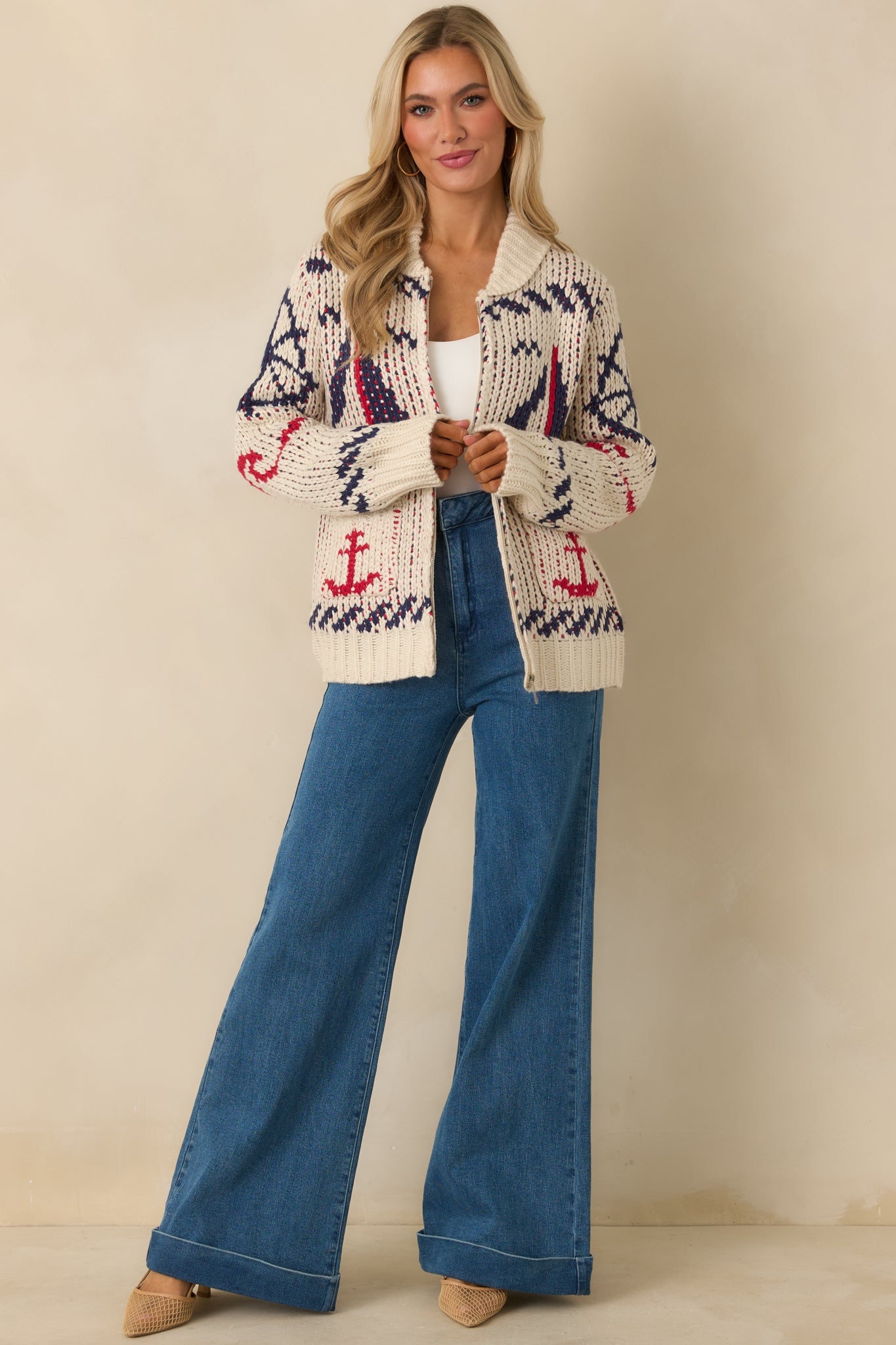 Between Tides Ivory Multi Knit Nautical Zip Up Collared Sweater Jacket