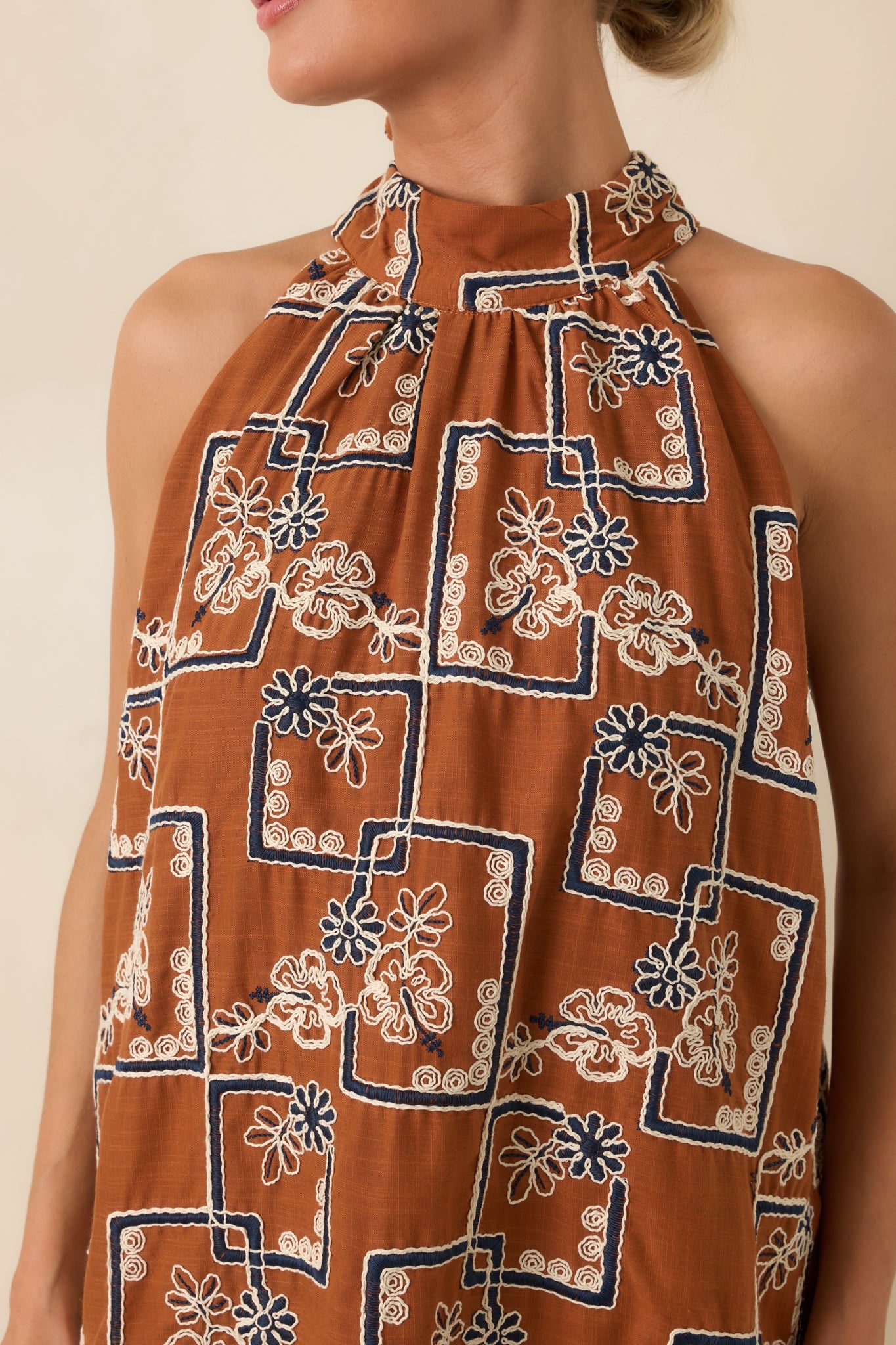 Blooming at Dusk Terracotta Embroidered Halter Mini Dress