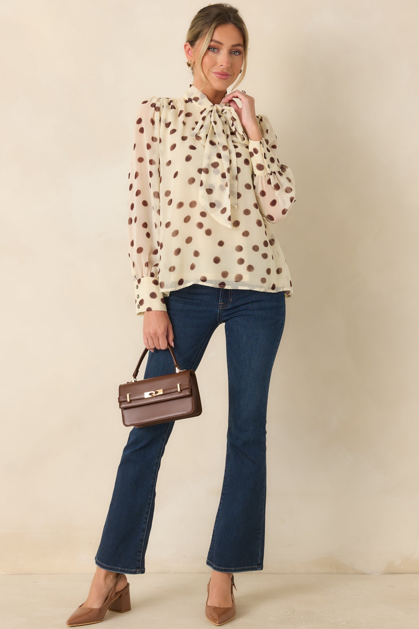 A Fine Point Ivory & Brown Polka Dot Tie Neck Blouse