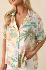 As The Sun Sets Ivory Multi Tropical Print Button Front Top