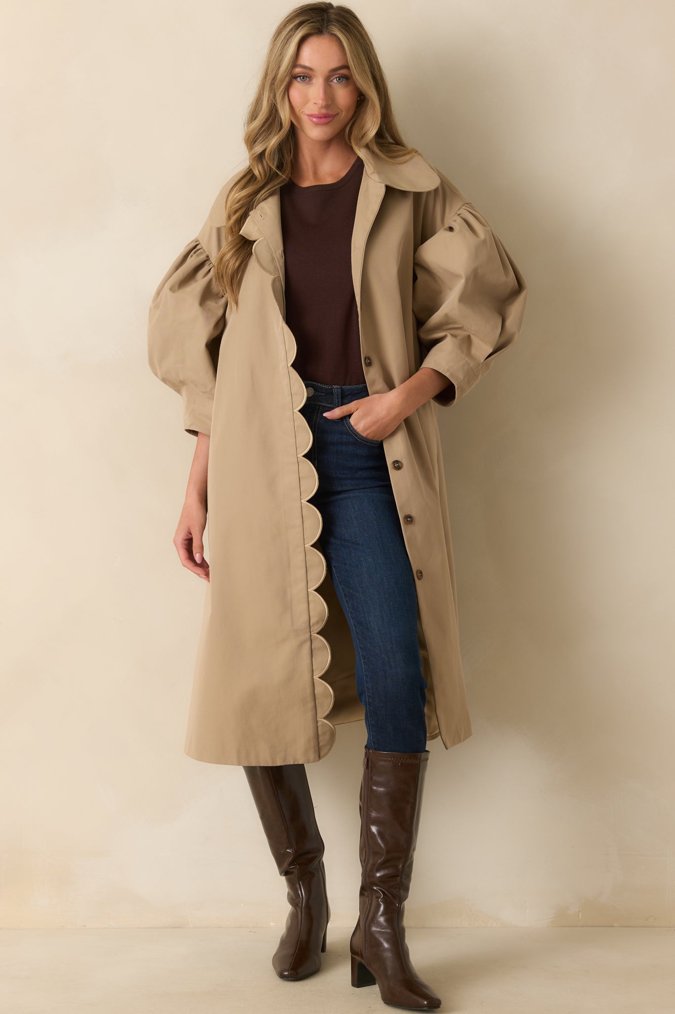 All In Good Fun Khaki Scallop Trim Puff Sleeve Button Front Coat
