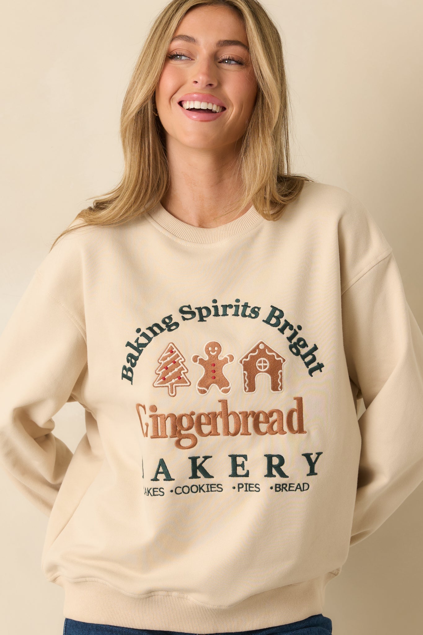 Baking Spirits Bright Light Beige Embroidered Crewneck Sweatshirt