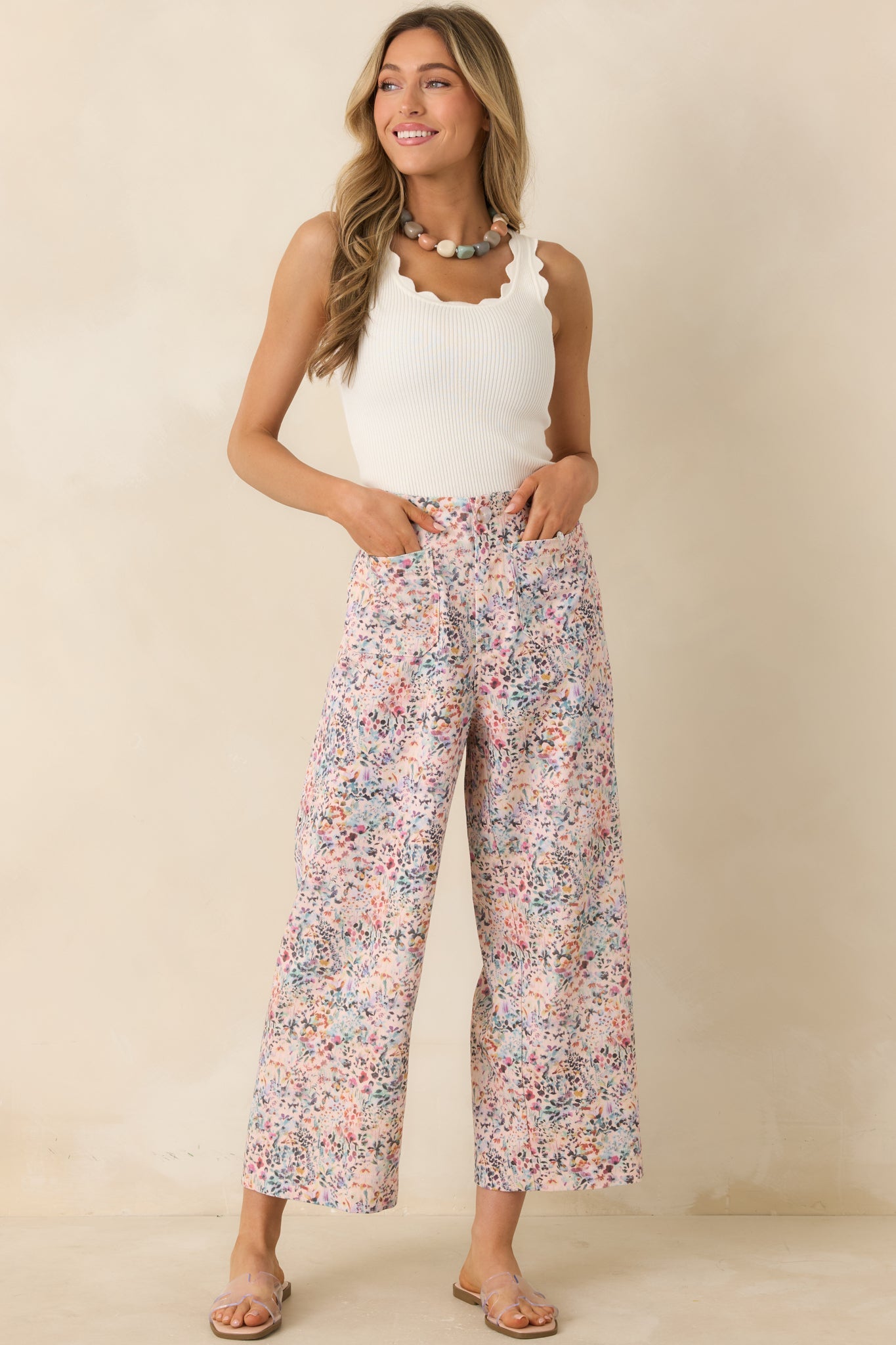 Art in Motion Pink Multi Floral Cotton Wide Leg Pants
