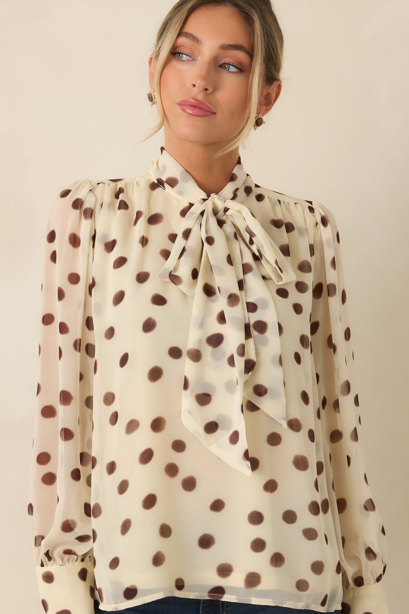 A Fine Point Ivory & Brown Polka Dot Tie Neck Blouse