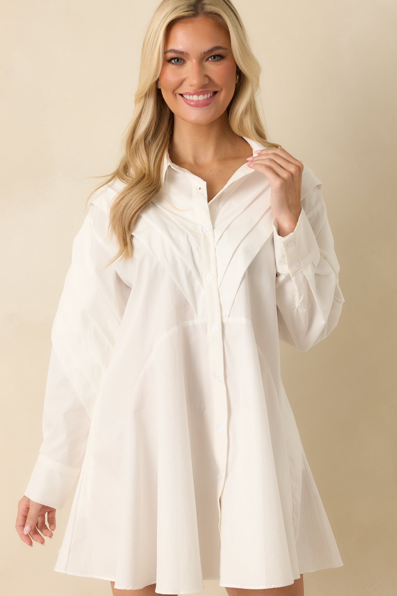 All The Angles White Cotton Pleated Detail Long Sleeve Button-Up Mini Dress