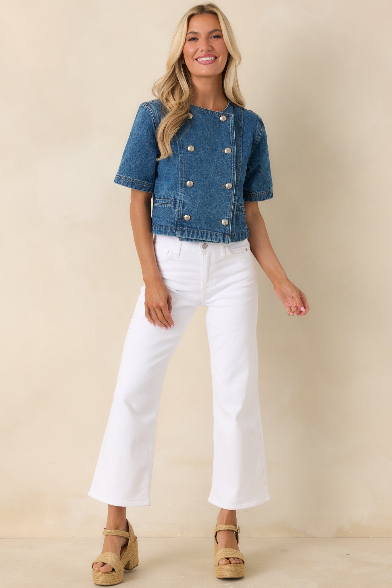 Across the Way Medium Wash Cotton Denim Double Breasted Top