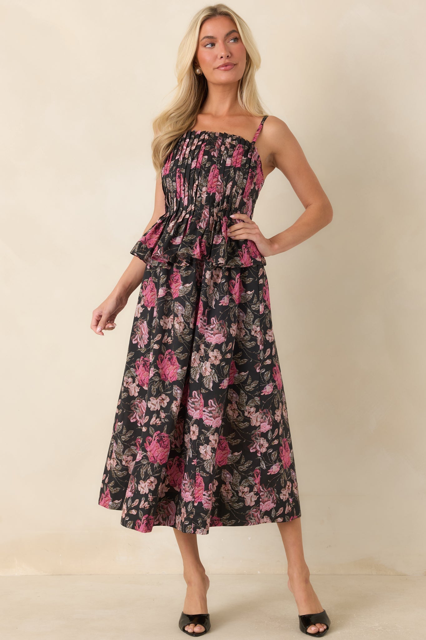 A Very Good Reason Black Floral Cotton Pleated Peplum Midi Dress