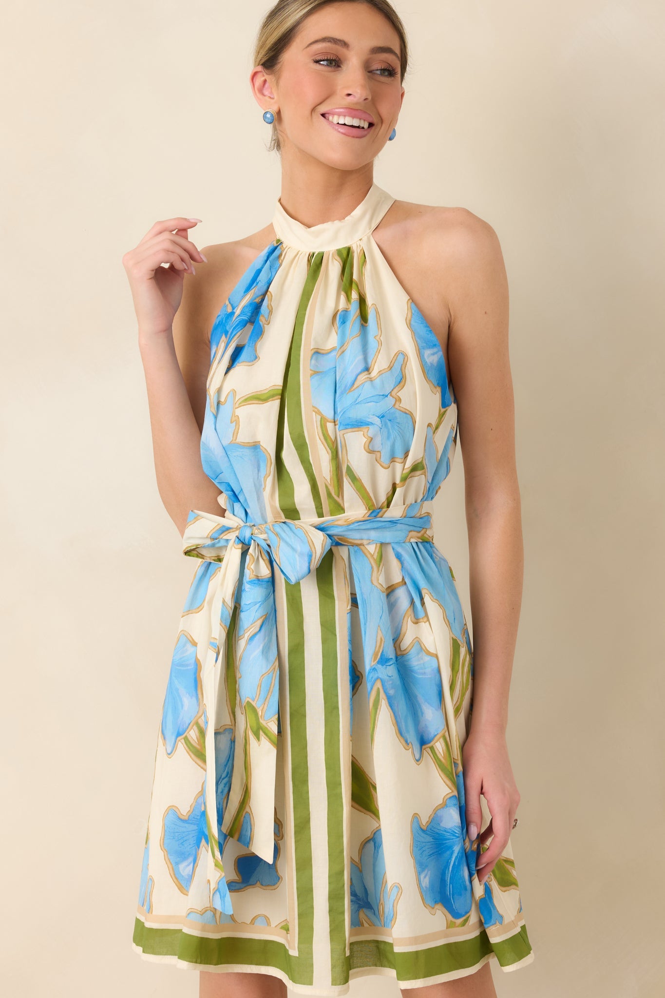 A Moment Like This Blue Multi Floral Cotton Halter Mini Dress