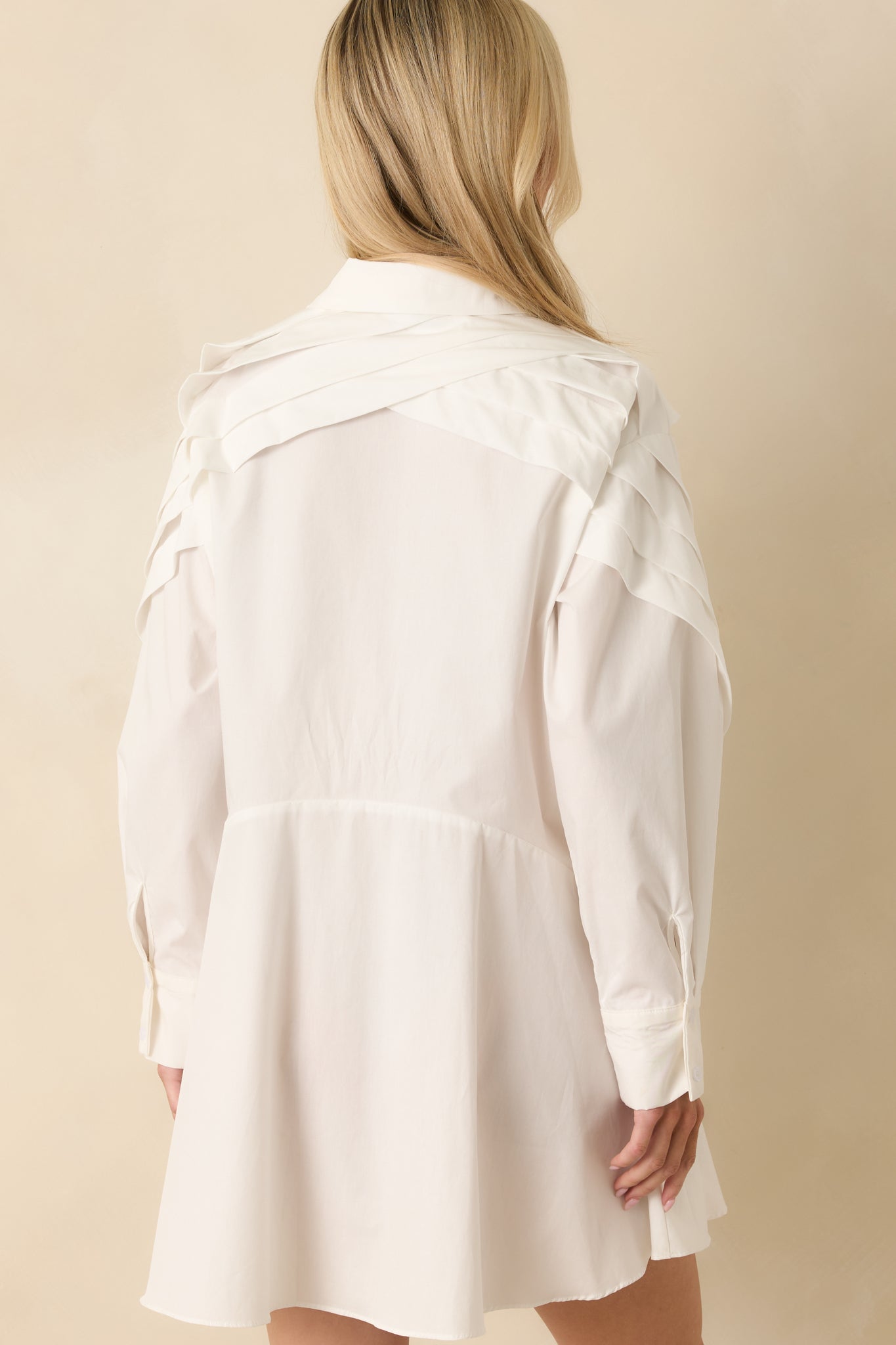 All The Angles White Cotton Pleated Detail Long Sleeve Button-Up Mini Dress