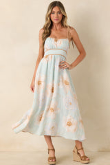 Blooming in Watercolor Mint Green Floral Tie Strap Midi Dress