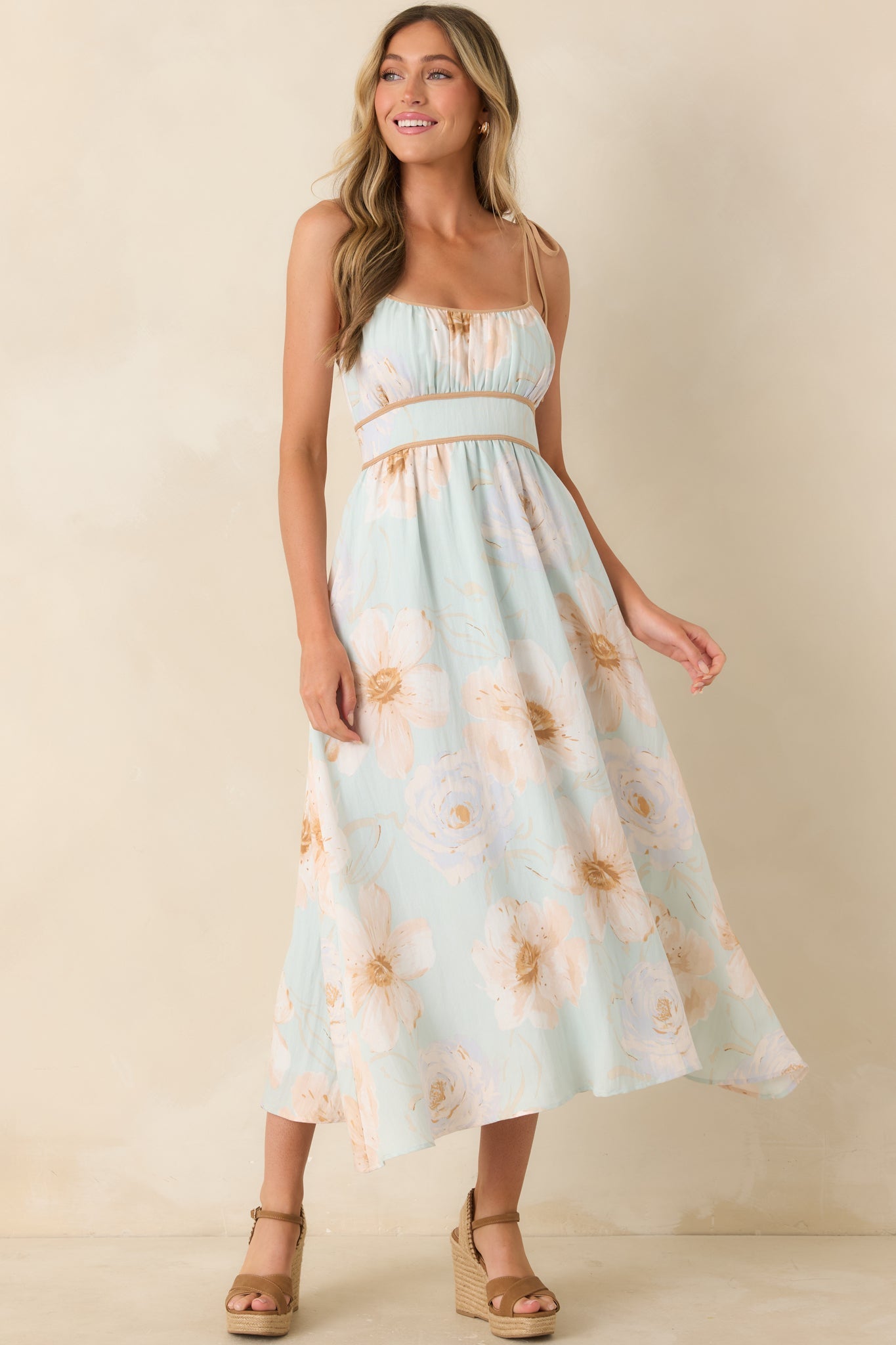 Blooming in Watercolor Mint Green Floral Tie Strap Midi Dress
