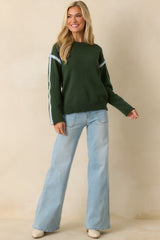 Along The Lines Moss Green Cotton Knit Crochet Trim Sweater