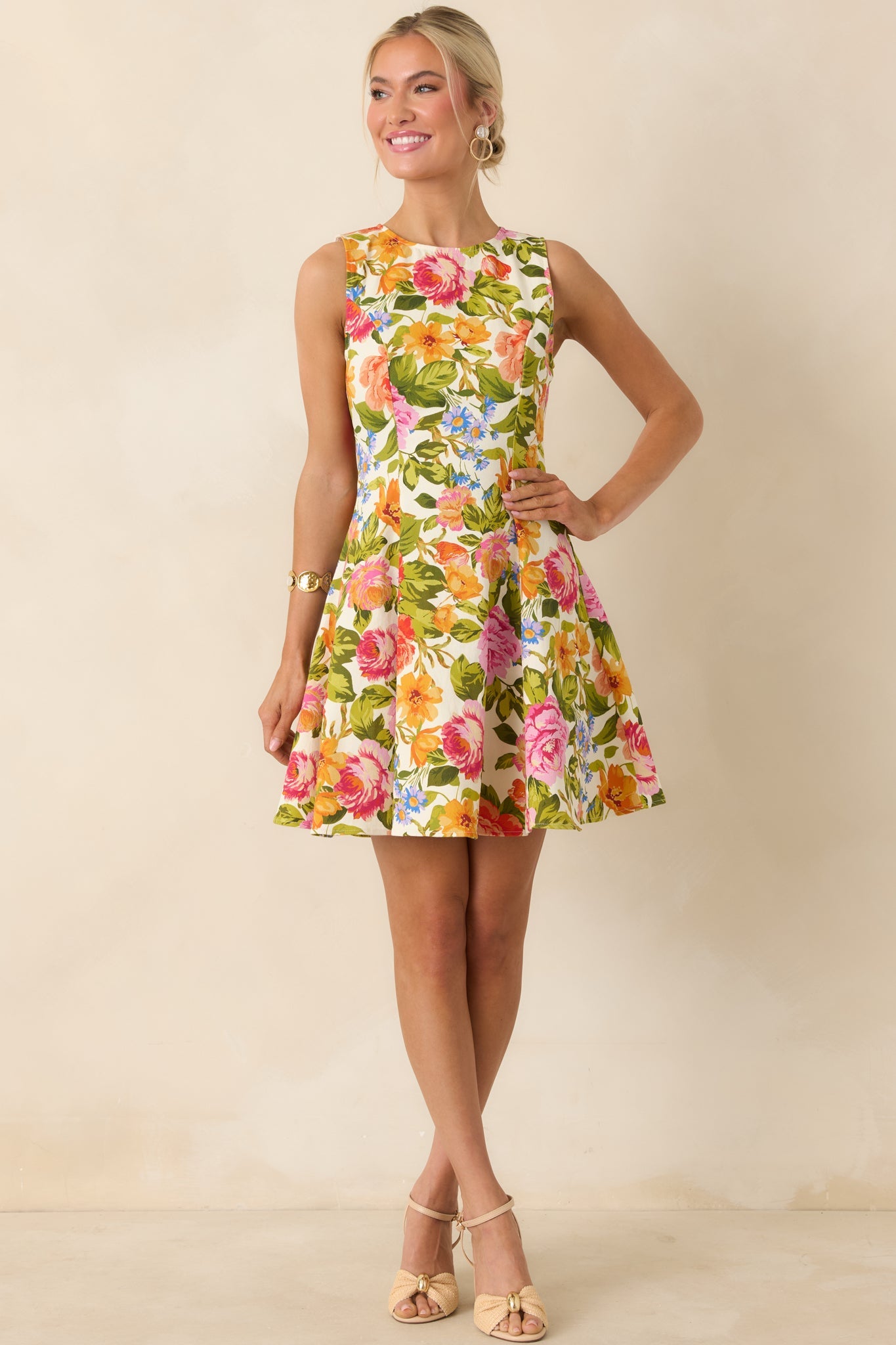 Blooming Bright Multi Floral Cotton Flared Sleeveless Mini Dress