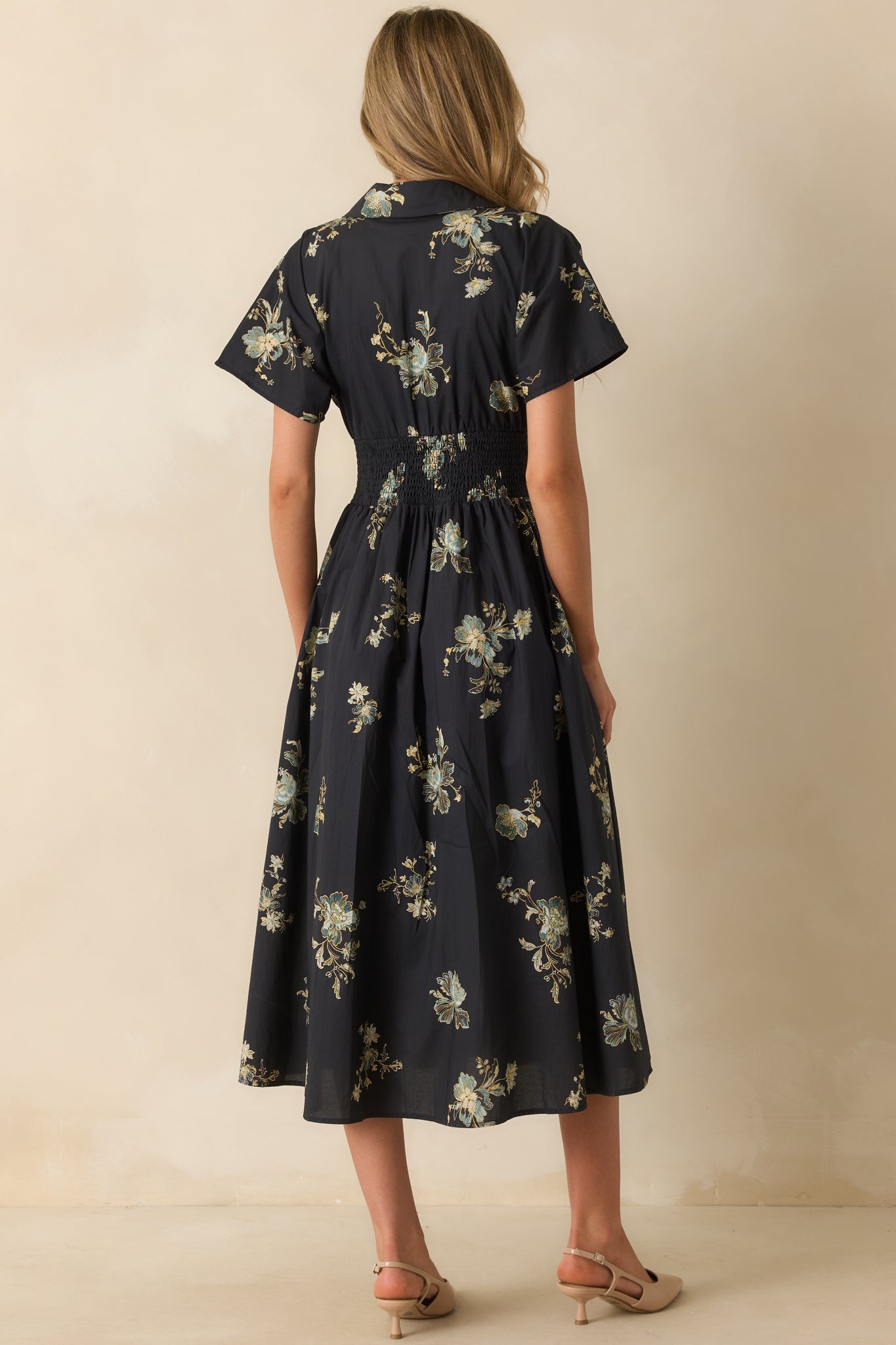 Always Welcome Navy Multi Floral Print Cotton Smocked Waist Midi Dress