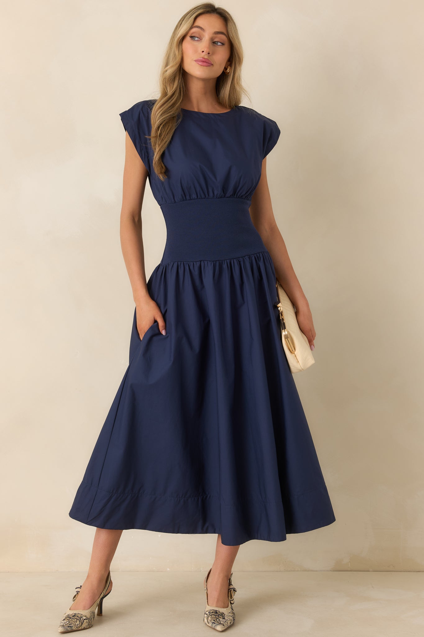 All My Devotion Navy Blue Cotton Boatneck Midi Dress