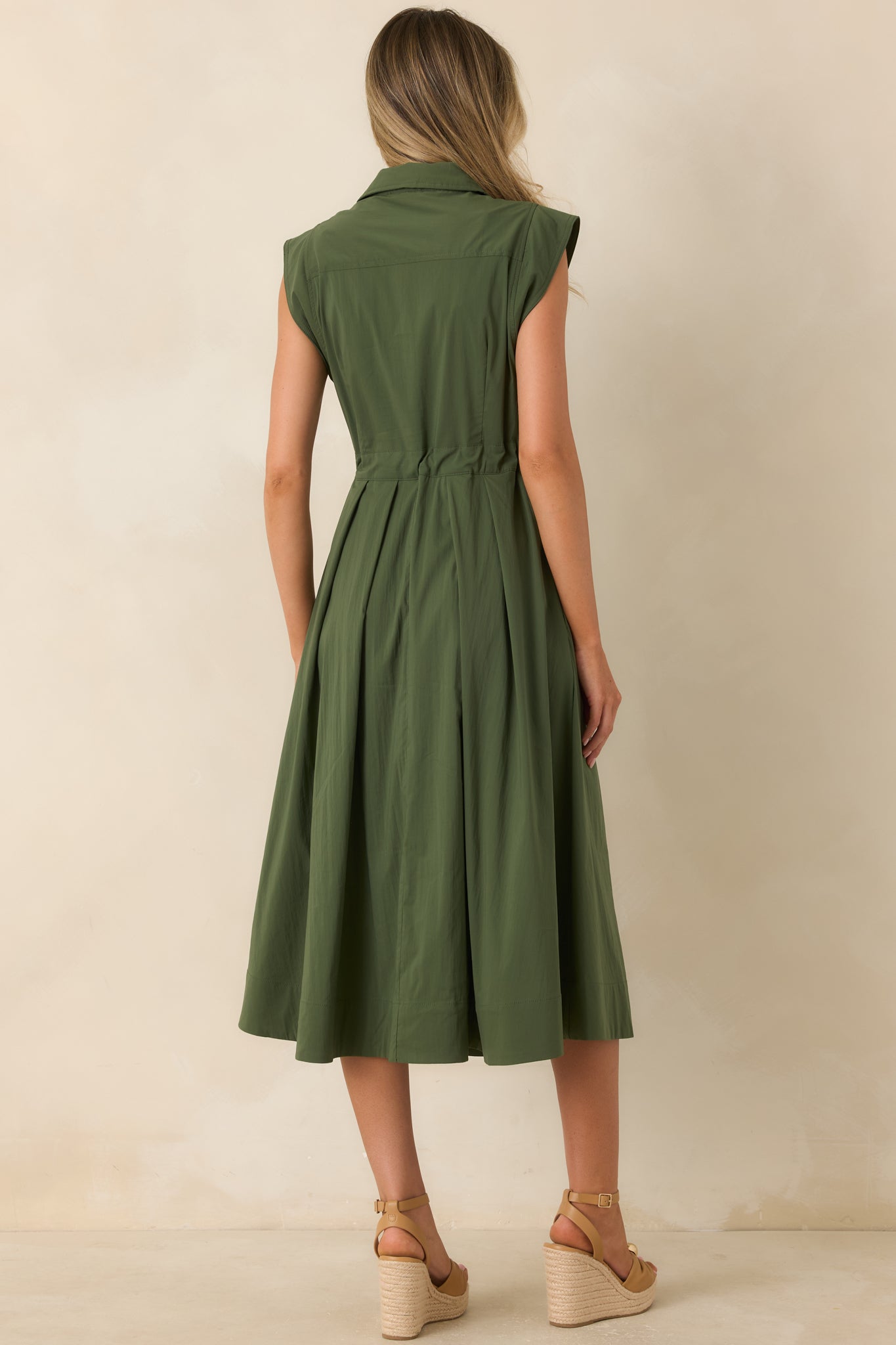 A Better Plan Olive Green Cotton Poplin Belted Midi Dress