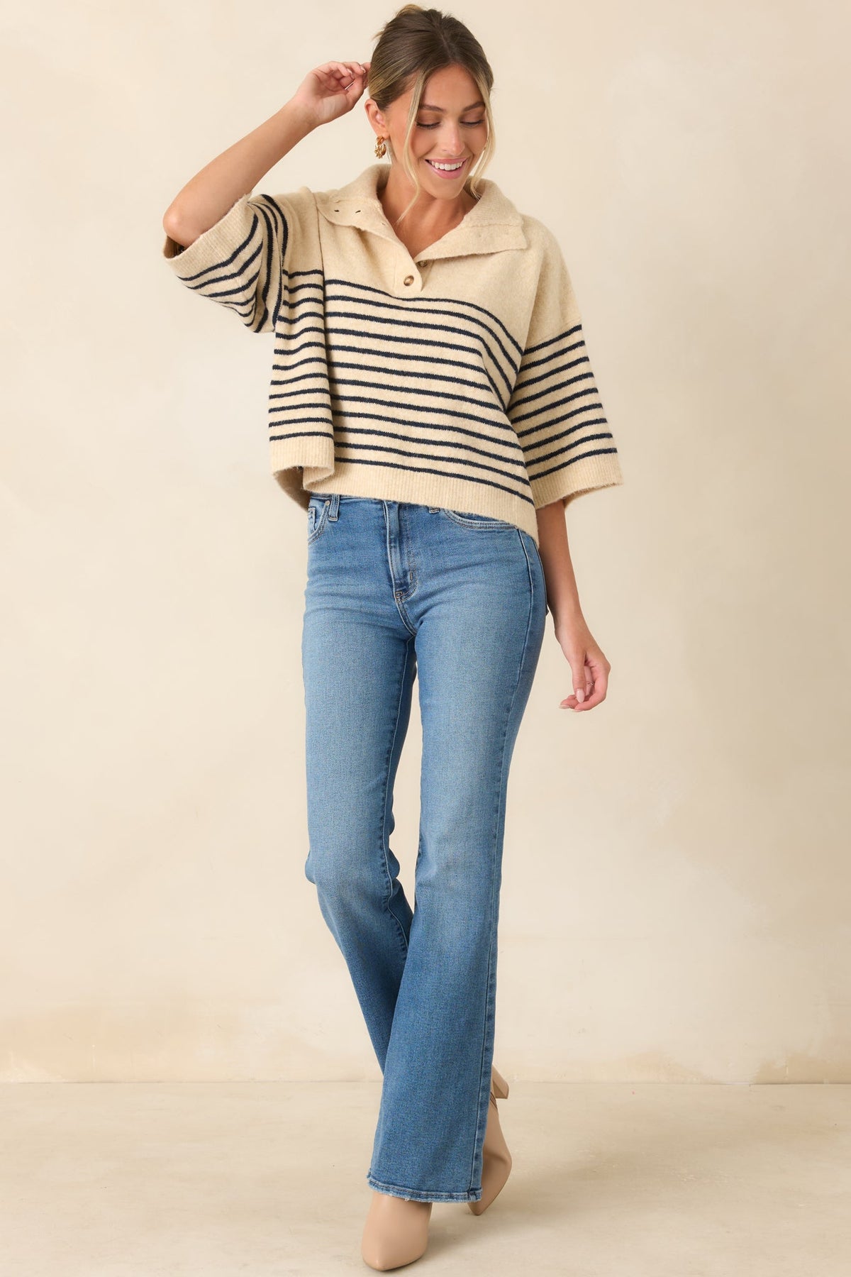 A Softer Approach Ecru & Navy Stripe Collared Knit Top