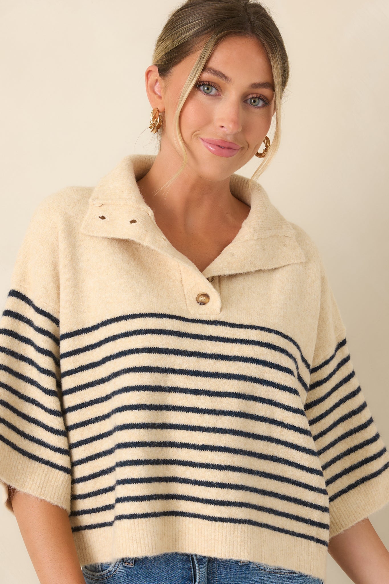 A Softer Approach Ecru & Navy Stripe Collared Knit Top