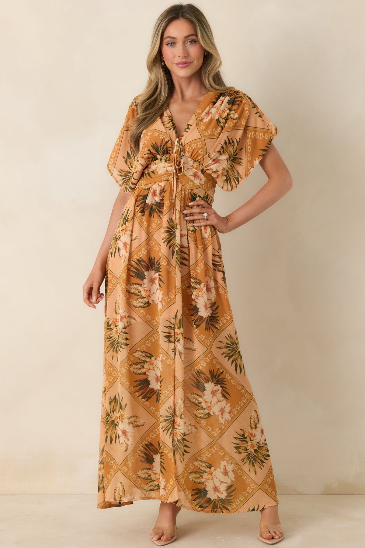 Booked the Trip Peach Multi Tropical Print Maxi Dress