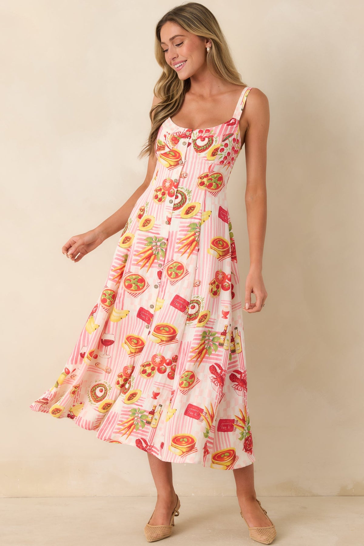 A Tour of Italy Red Multi Culinary Print Midi Dress
