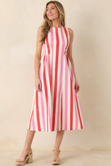 All the Energy Pink Multi Stripe Cotton Sleeveless Midi Dress