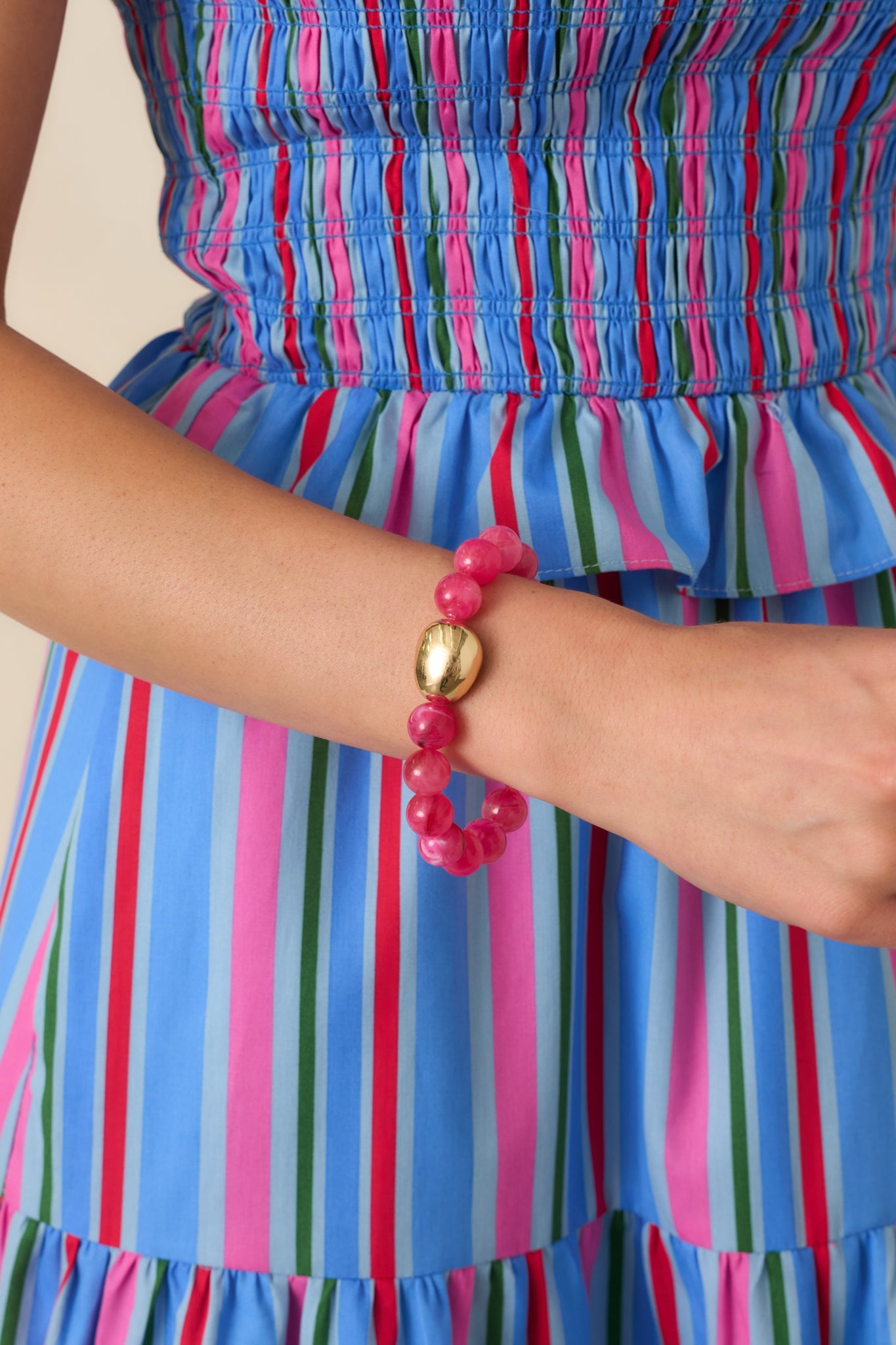 Always a Soft Spot Pink Beaded Gold Accent Stretch Bracelet