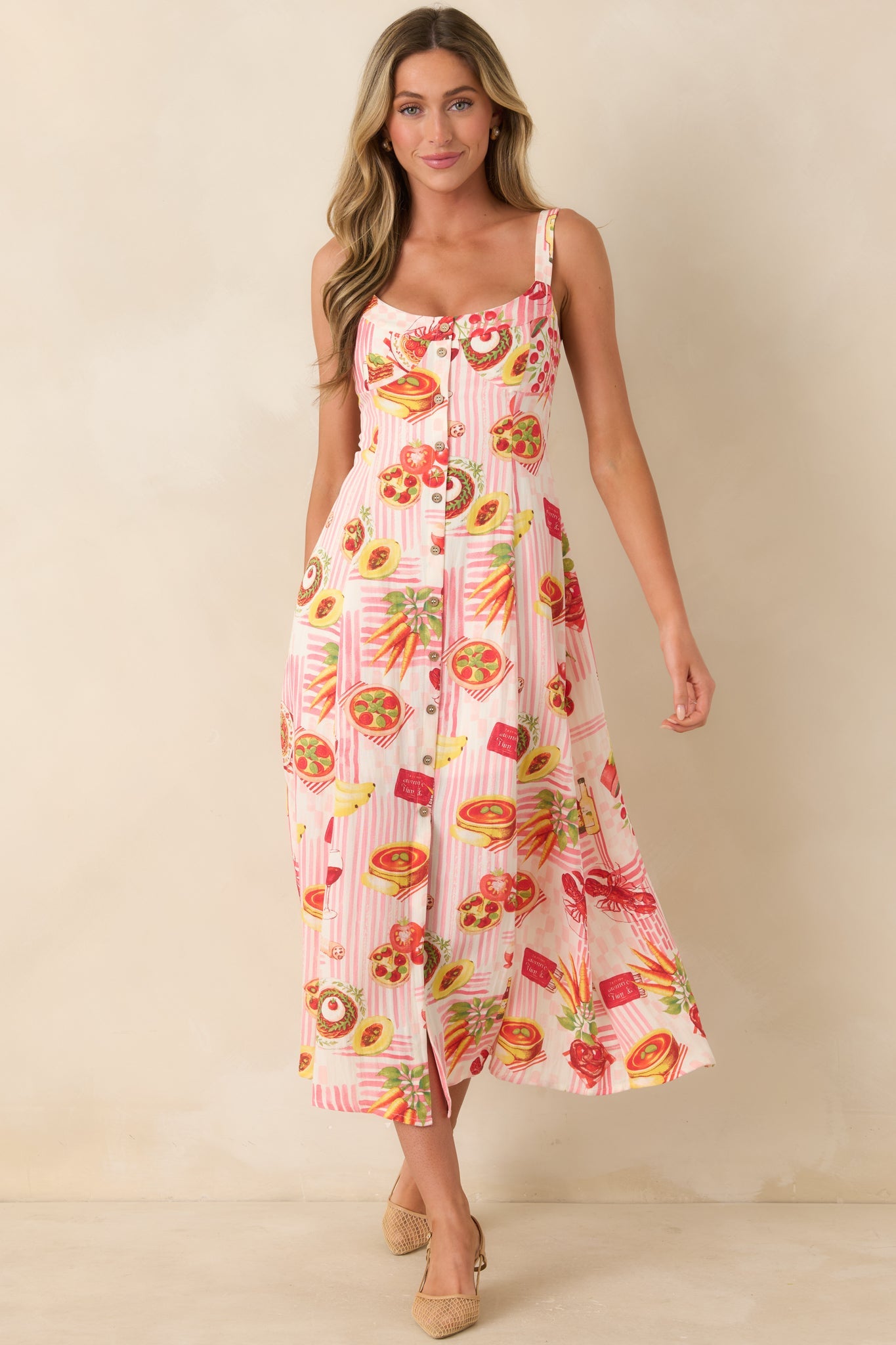 A Tour of Italy Red Multi Culinary Print Midi Dress