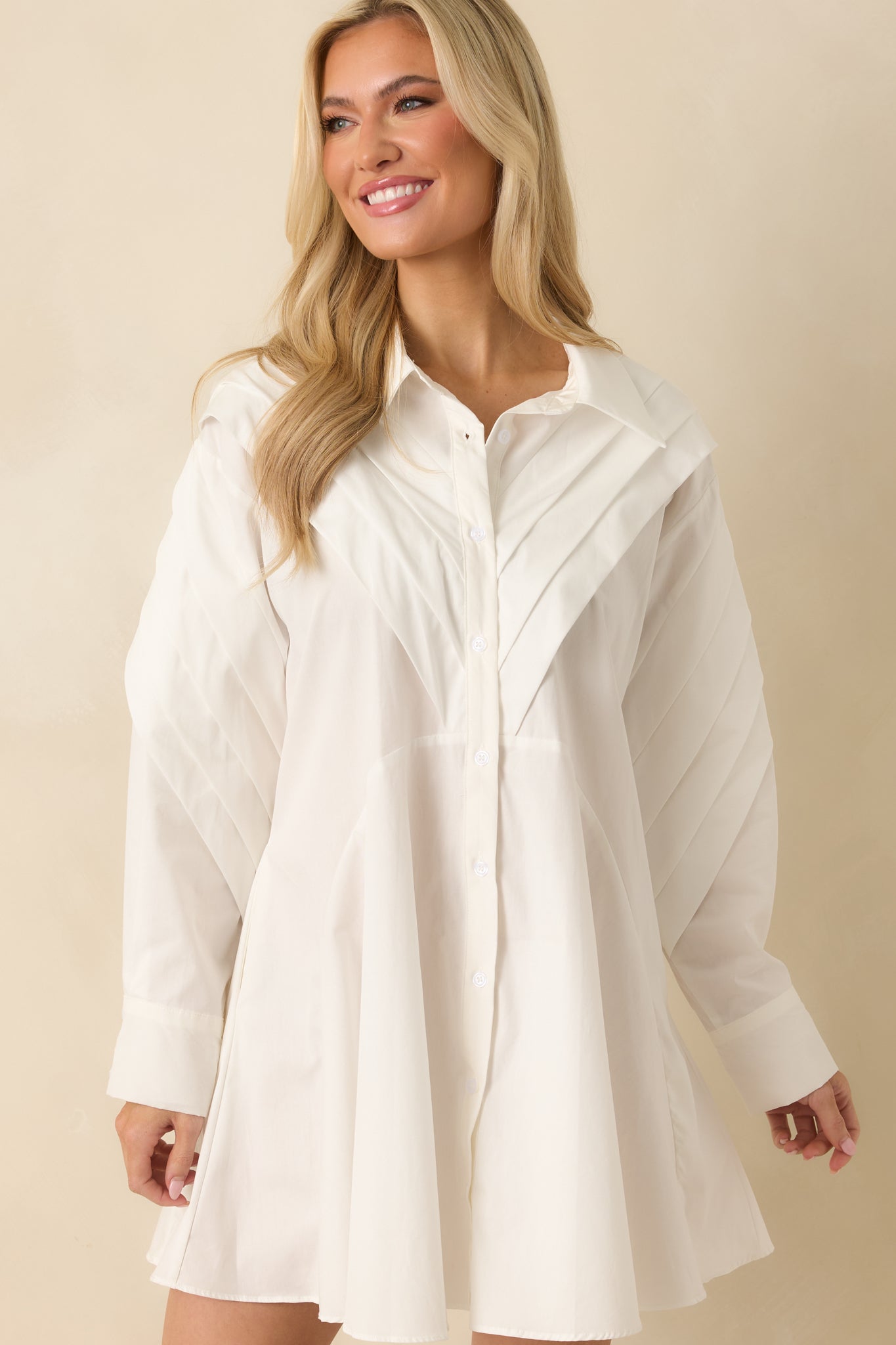 All The Angles White Cotton Pleated Detail Long Sleeve Button-Up Mini Dress