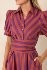 A Fresh Approach Plum & Burgundy Stripe Cotton Midi Shirt Dress