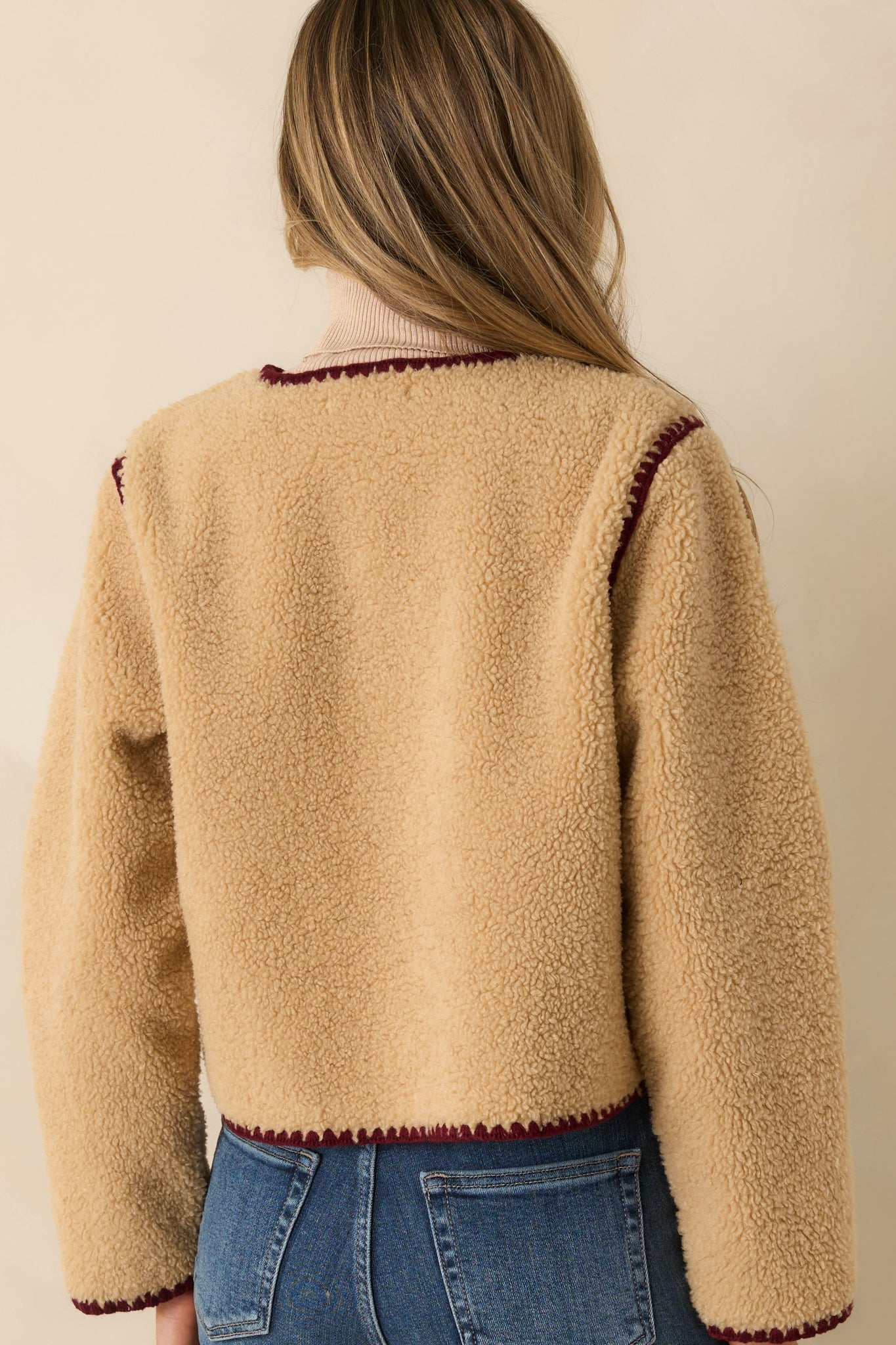 Bound to Be Cozy Beige & Burgundy Contrast Stitch Sherpa Jacket