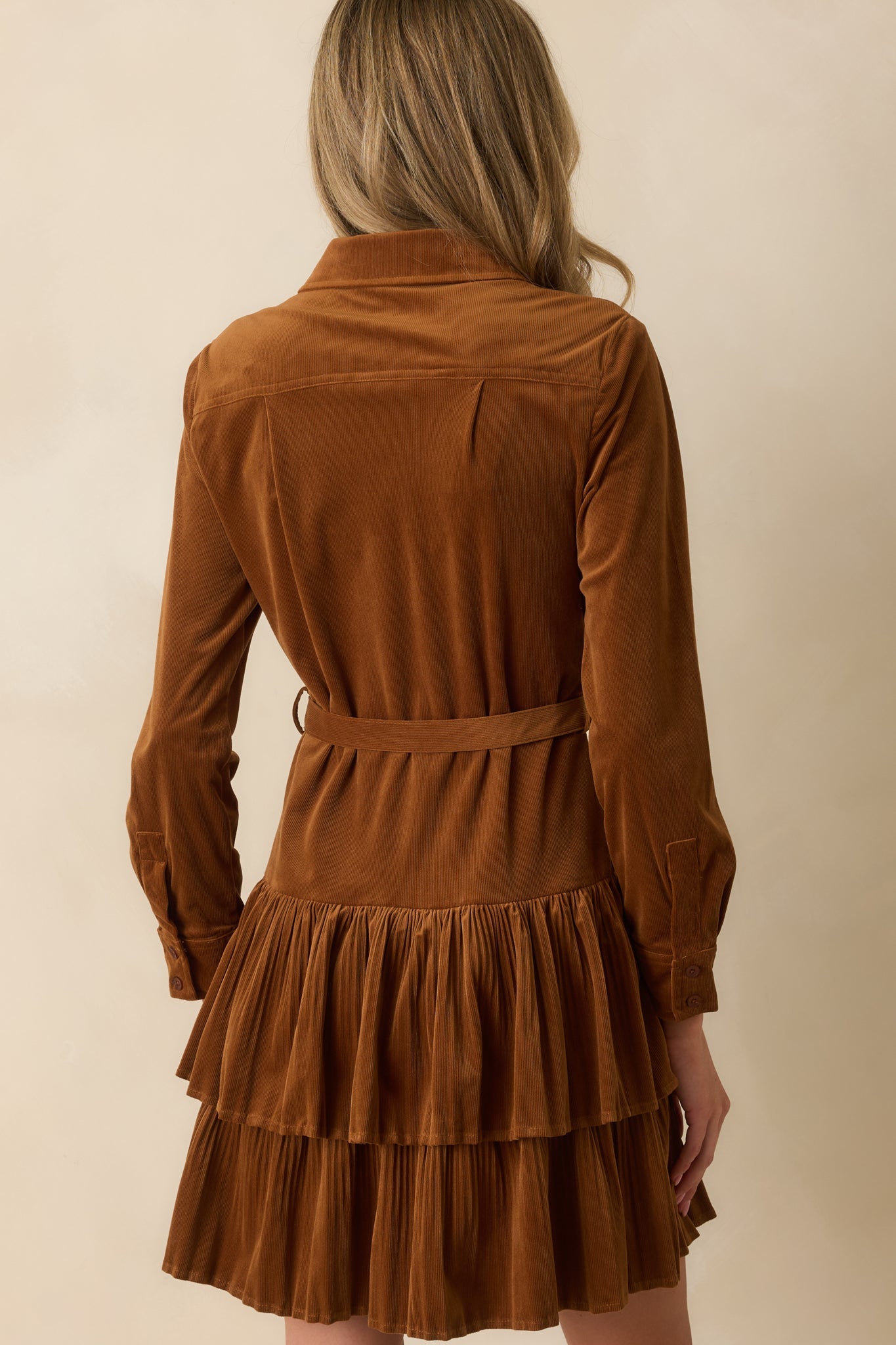 Against The Grain Caramel Brown Corduroy Belted Mini Shirt Dress