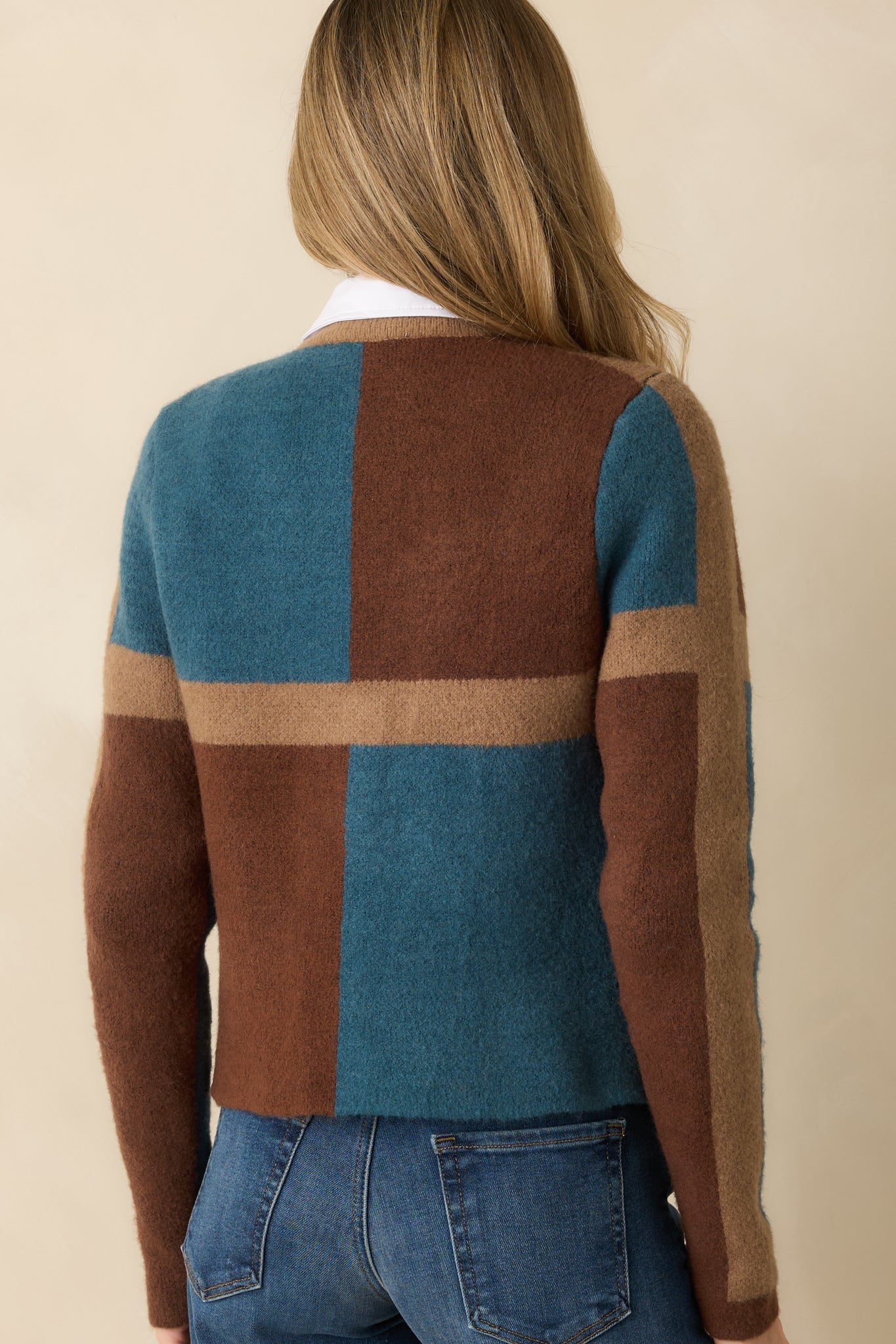 All About Now Brown and Teal Knit Color Block Cardigan Sweater