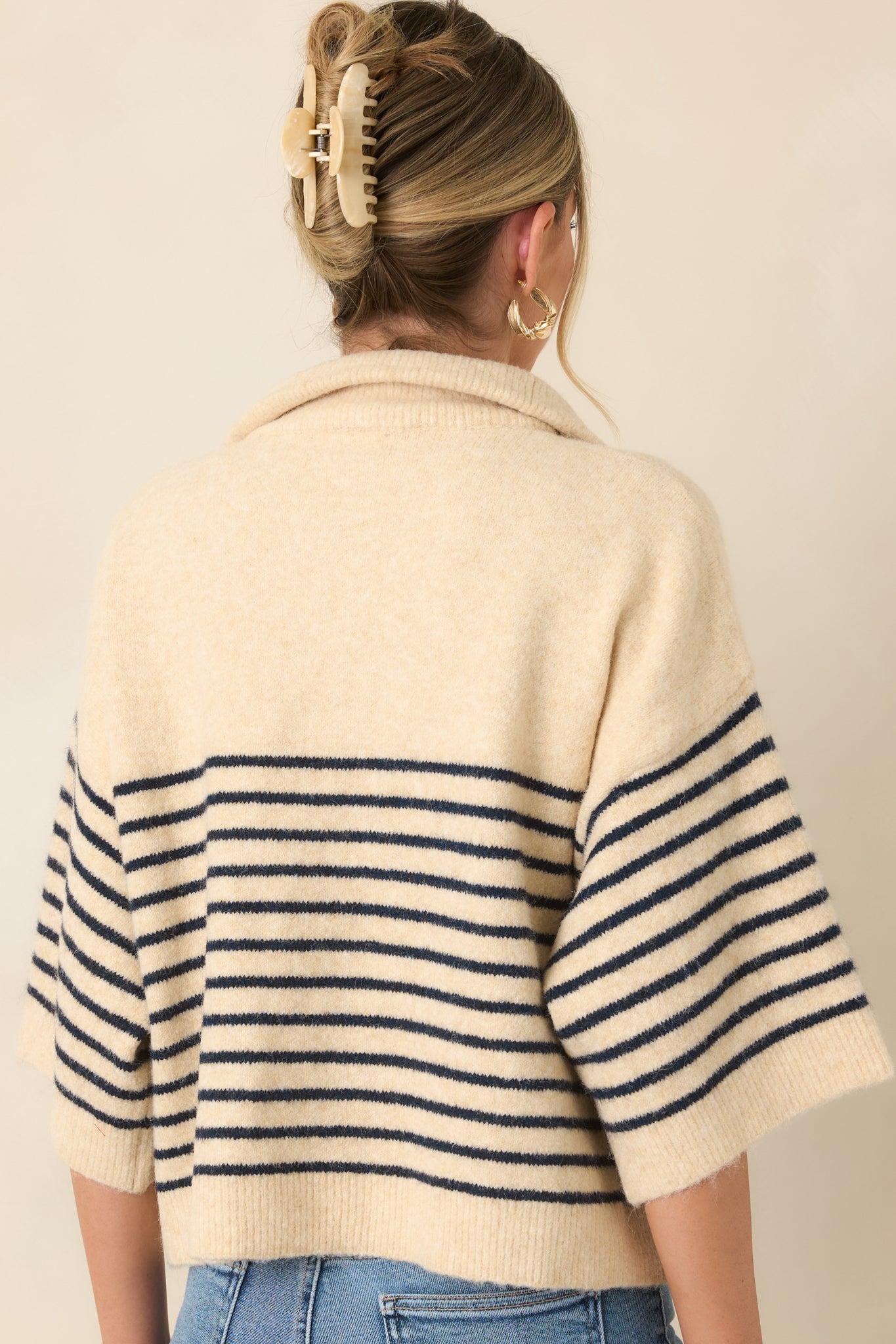 A Softer Approach Ecru & Navy Stripe Collared Knit Top