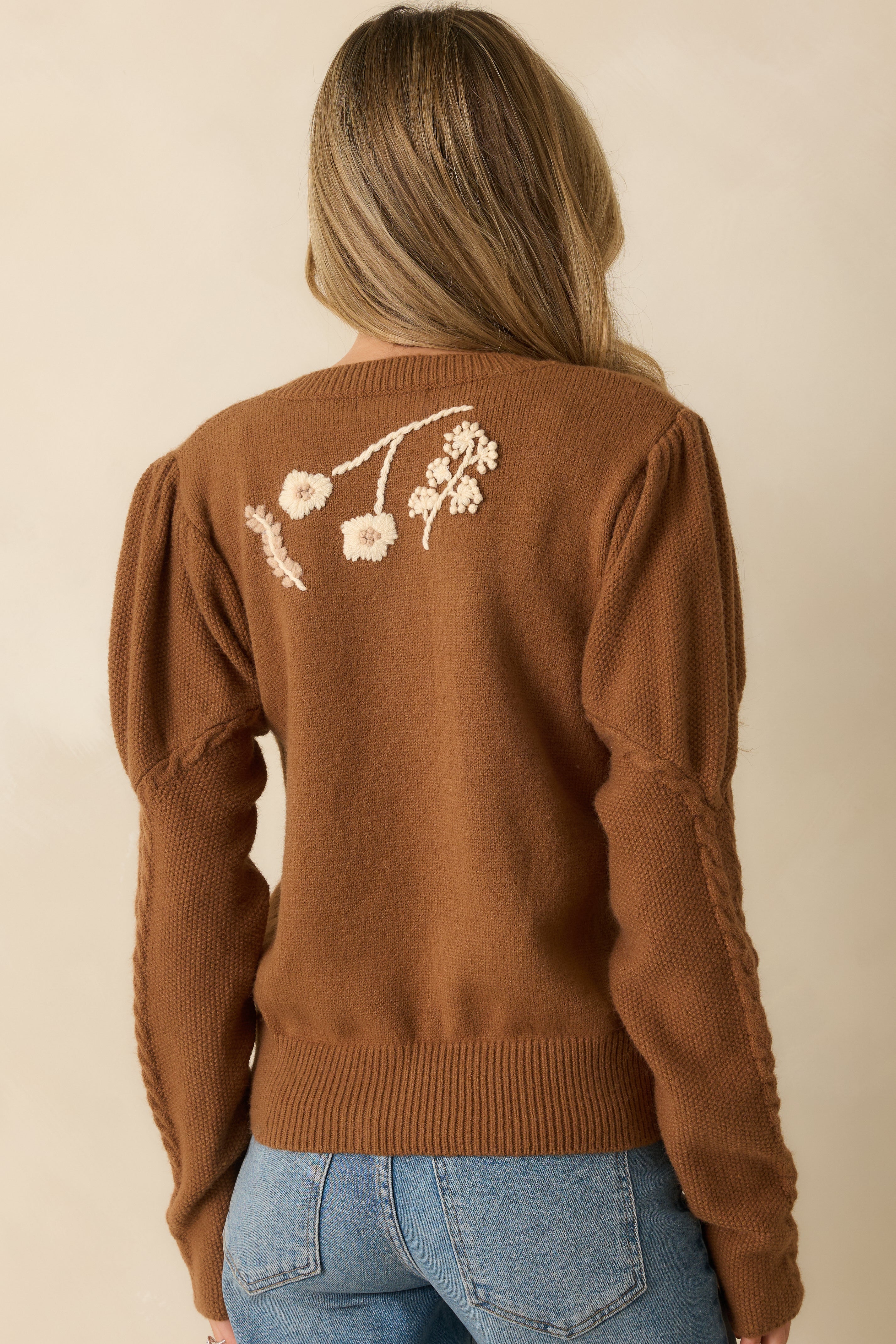 Botanical Whispers Tiramisu Brown Floral Knit Button Front Cardigan