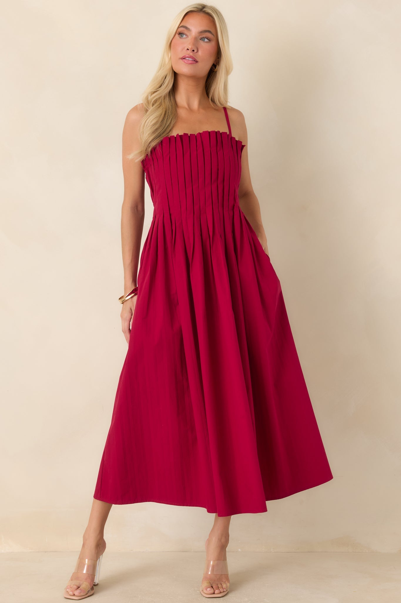 A Reason to Celebrate Ruby Red Pleated Cotton Midi Dress
