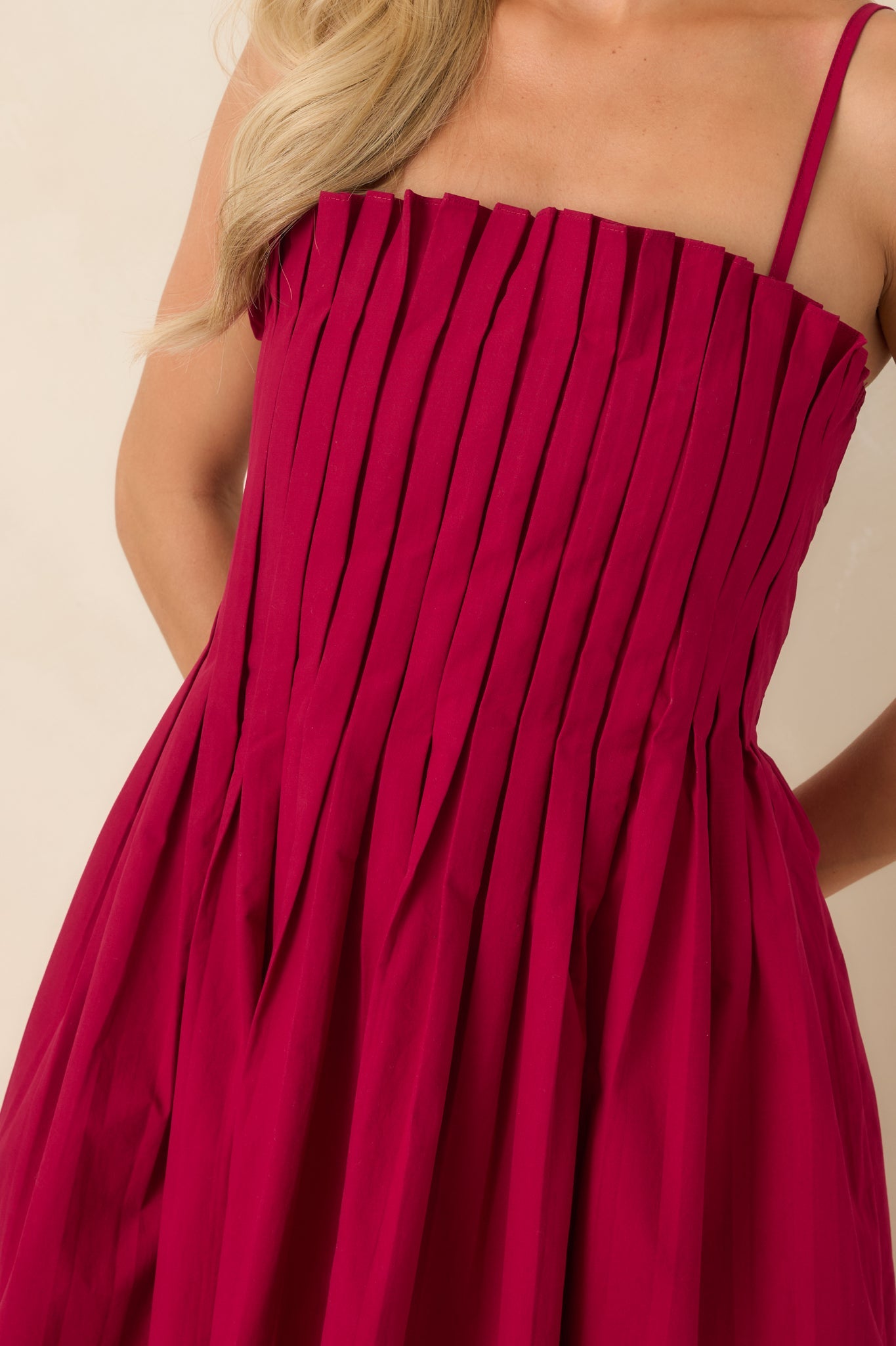 A Reason to Celebrate Ruby Red Pleated Cotton Midi Dress