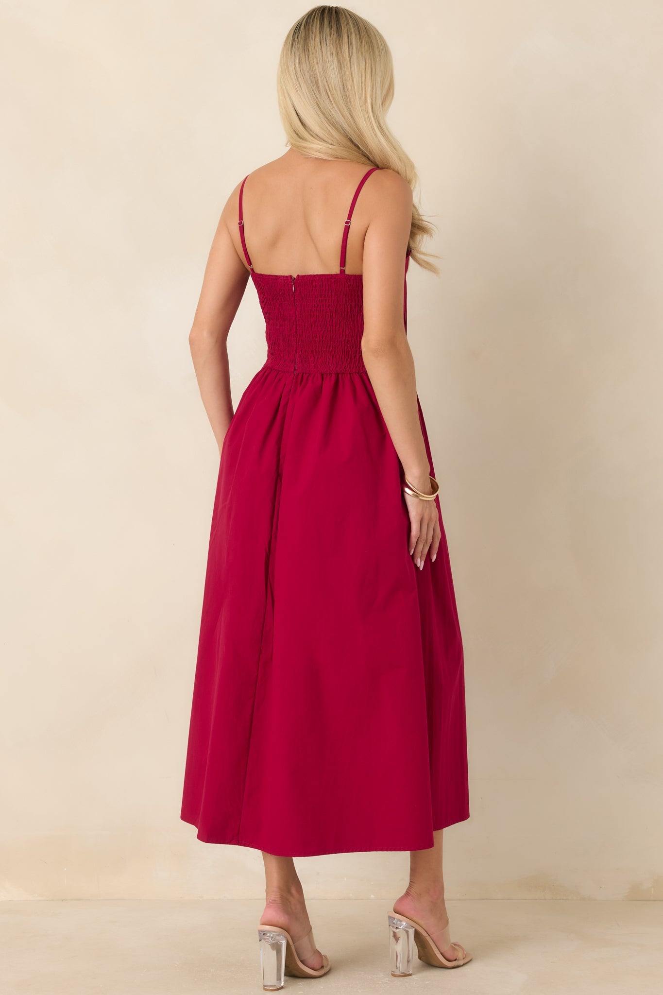 A Reason to Celebrate Ruby Red Pleated Cotton Midi Dress