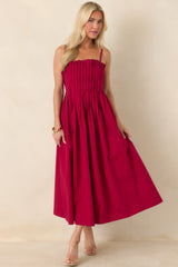 A Reason to Celebrate Ruby Red Pleated Cotton Midi Dress