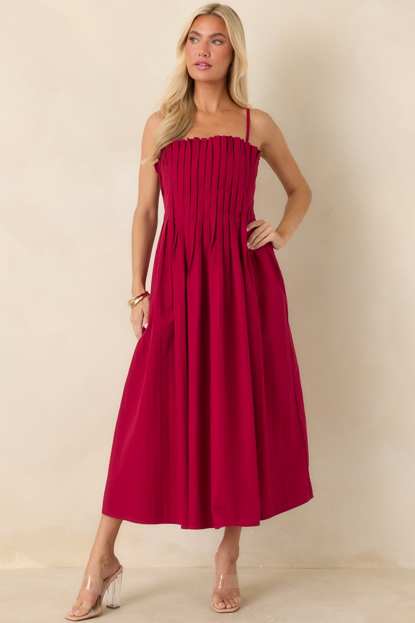 A Reason to Celebrate Ruby Red Pleated Cotton Midi Dress