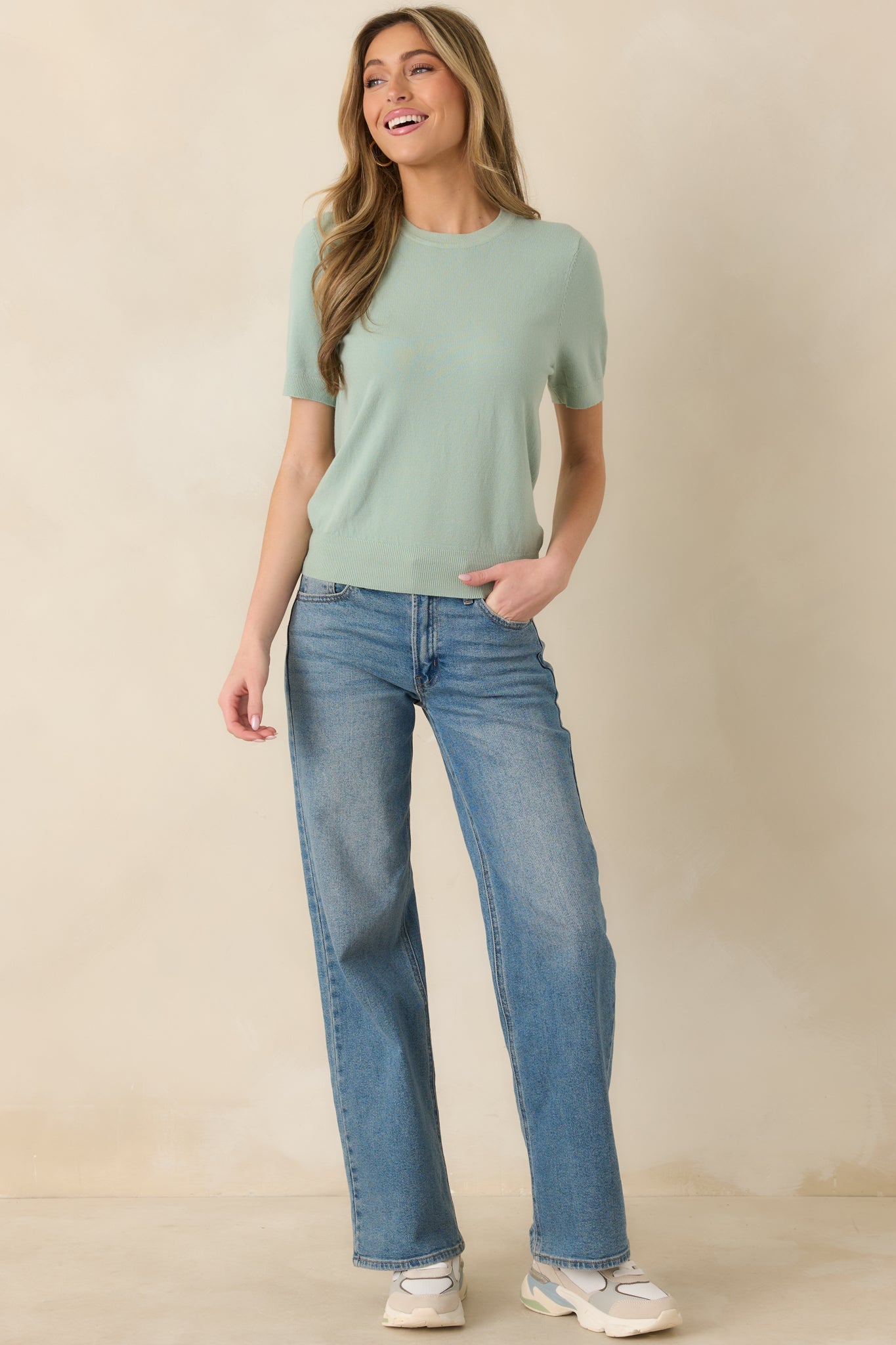 Always A Favorite Seafoam Green Short Sleeve Knit Top