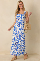 Along the Coast Blue & White Floral Pattern Linen Blend Sleeveless Maxi Dress