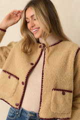 Bound to Be Cozy Beige & Burgundy Contrast Stitch Sherpa Jacket