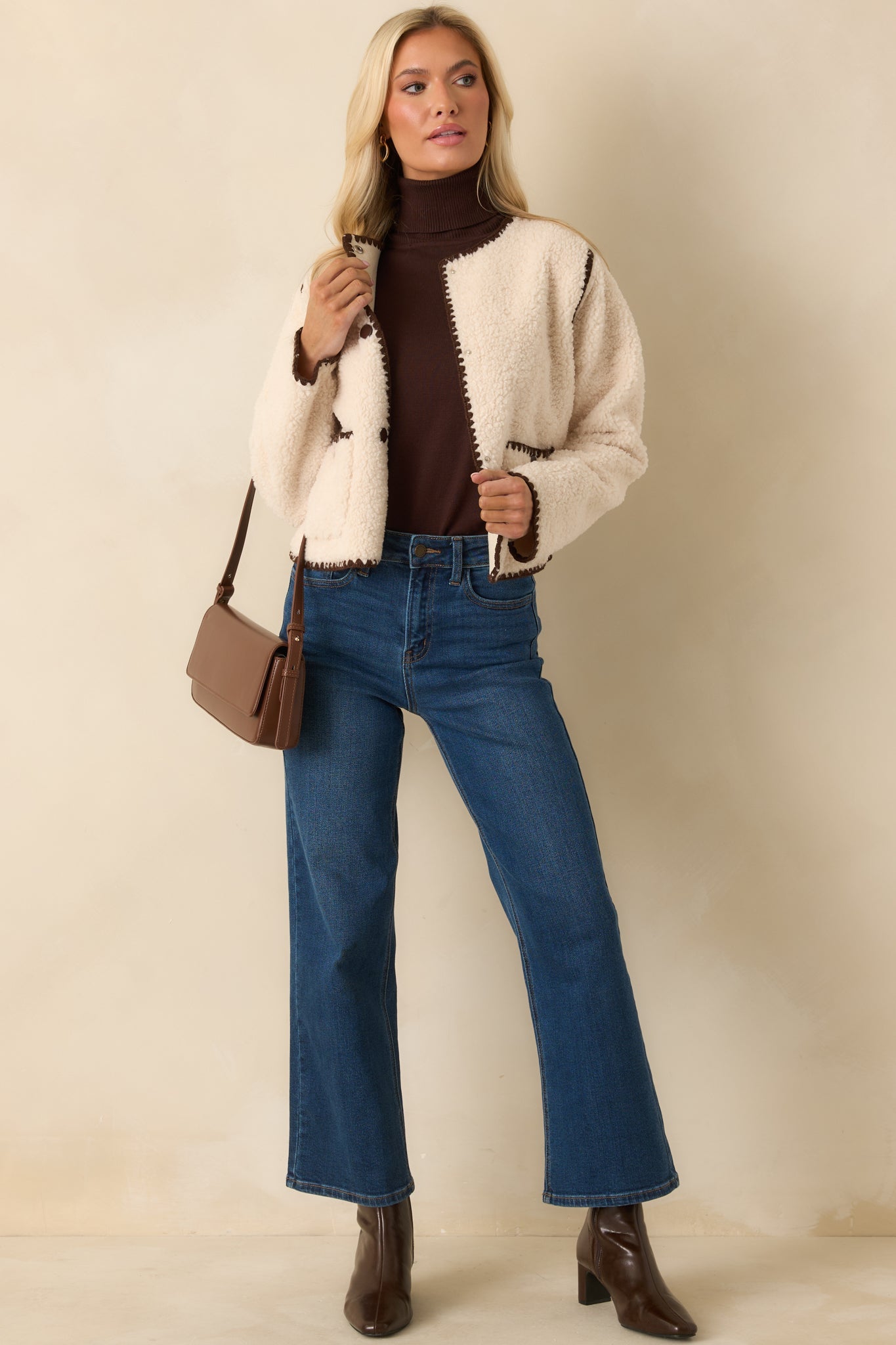 Bound to Be Cozy Ivory & Chocolate Brown Contrast Stitch Sherpa Jacket